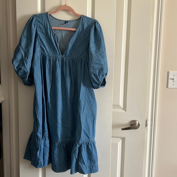 Old navy puff sleeve tie neck chambray all day mini swing dress - Picture 2 of 4